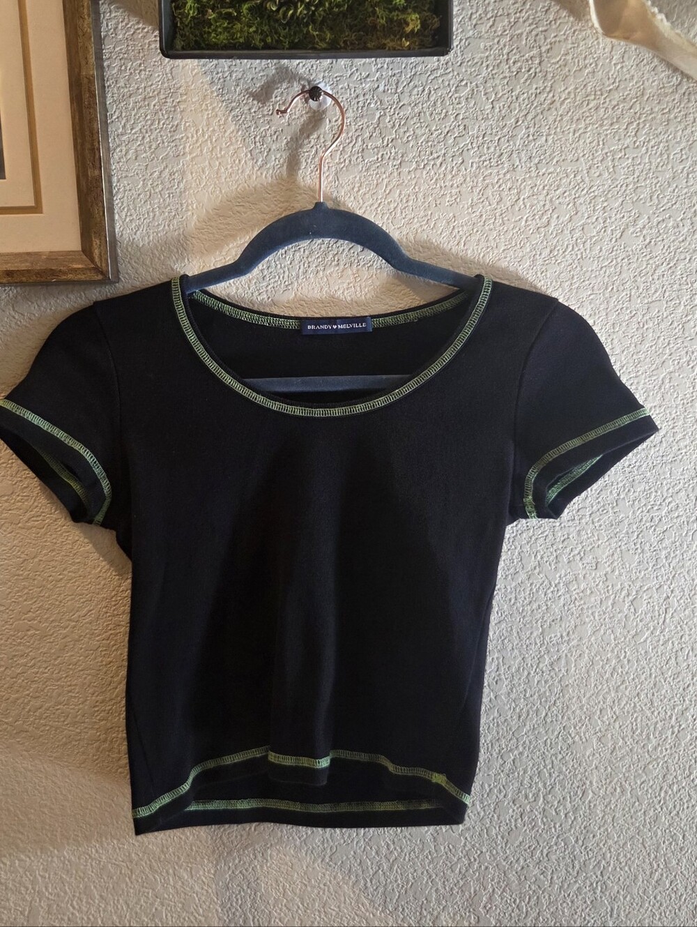 Brandy Melville Black Crop Tee with Green Contrast Stitching